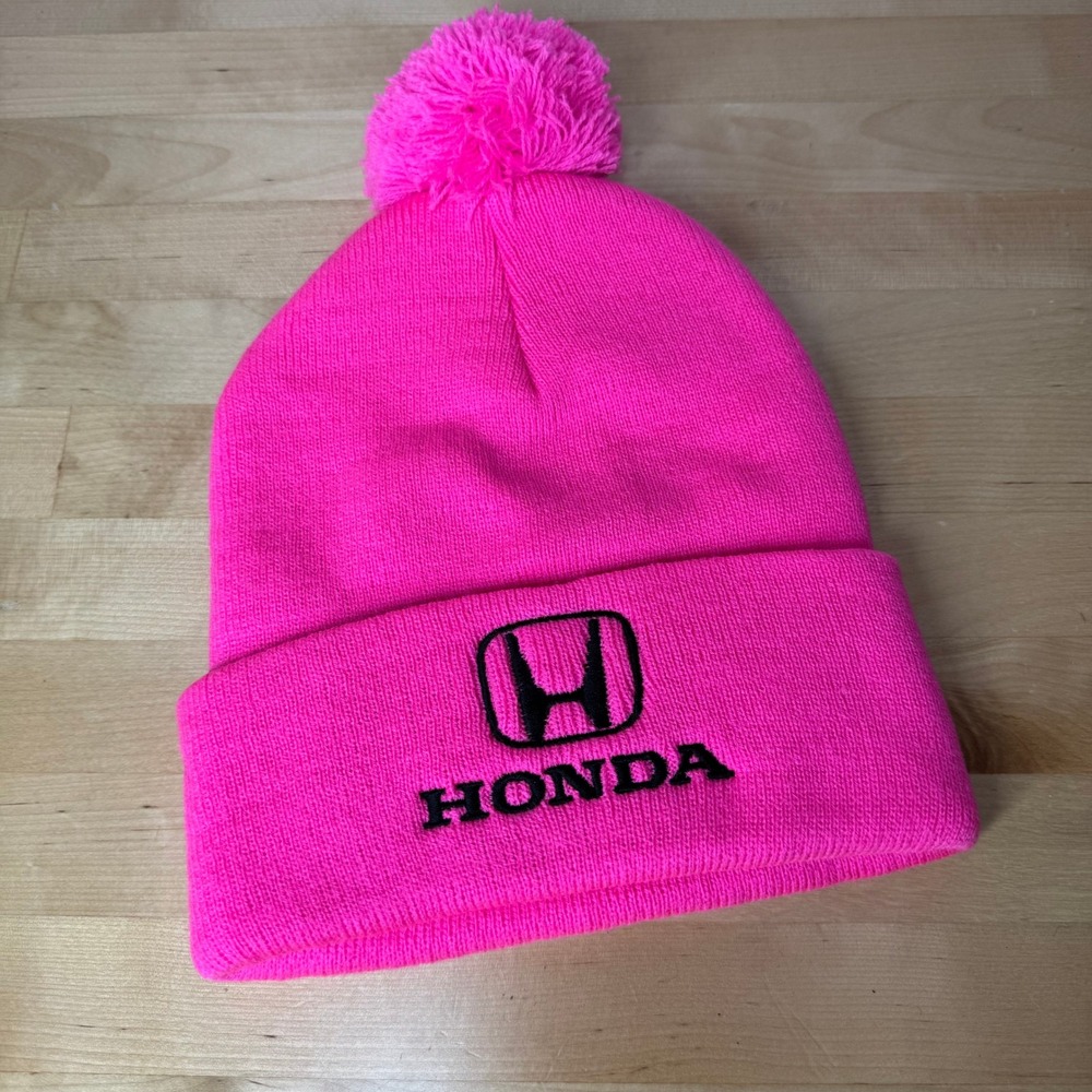 Honda Neon Pink Embroidered Logo Cuffed‎ Pom Pom Beanie Hat Mens Womens
